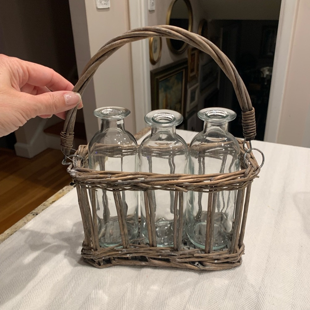 Two's Company Clear Glass Bottle Trio in Brown Wicker Carrier